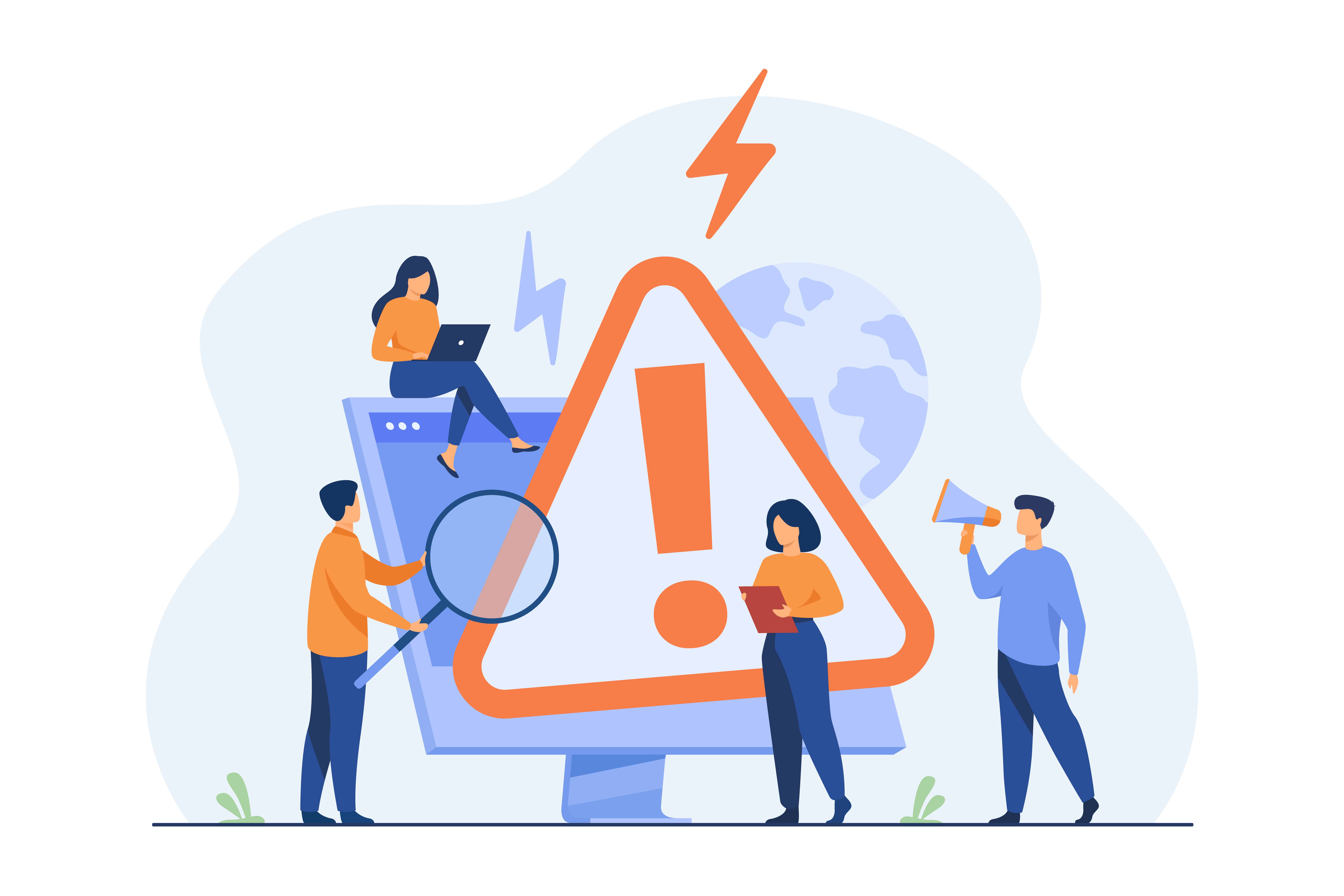 Tiny people examining operating system error warning